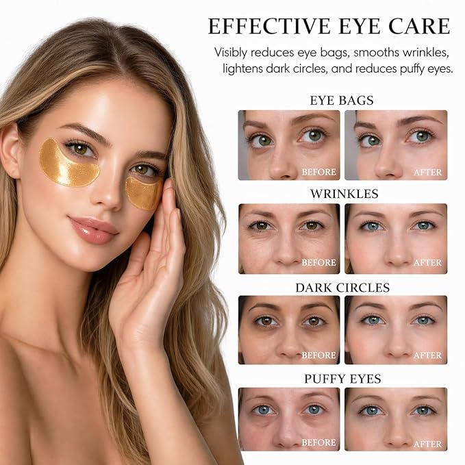 24K Gold Under Eye Patches (60 Pcs) - Collagen & Peptide Eye Masks for Dark Circles, Puffy Eyes & Wrinkles, Hydrating Cooling Eye Patches with Caffeine & Hyaluronic Acid, Suitable for Men & Women