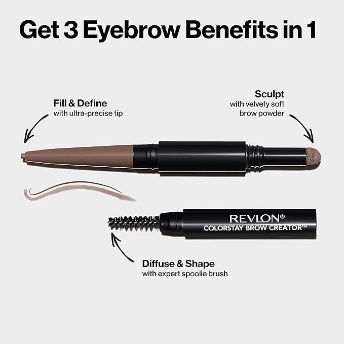 Revlon ColorStay Brow Creator, 2-in-1 Precise Eyebrow Pencil & Powder with Spoolie Brush, Waterproof & Long Lasting, 615 Soft Black, 0.003 oz
