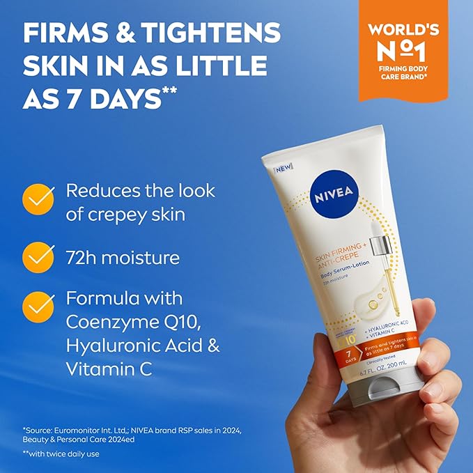 NIVEA Skin Firming & Anti Crepe Body Serum-Lotion with Q10, Hyaluronic Acid and Vitamin C, Skin Firming Body Lotion for Crepey Skin, 72-Hour Moisture, 6.7 Fl Oz Tube