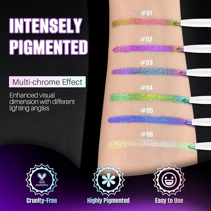 CHARMACY Chameleon Chrome Eyeliner, Multichrome Shifting Colors Metallic Glitter Eye Makeup, Waterproof Smudgeproof Gel Eyeliner, Long Lasting Wear, Vegan & Cruelty Free (B04)