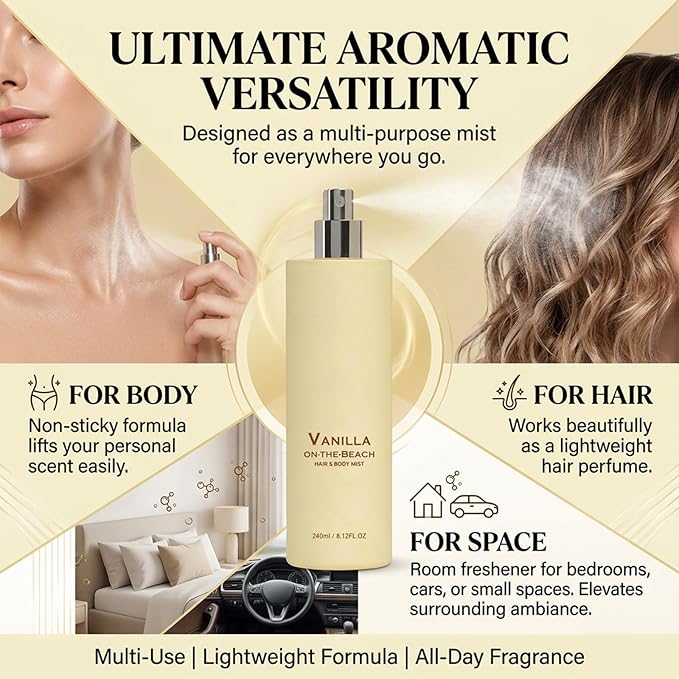 Vanilla on the Beach Hair and Body Mist, Vanilla Ocean Fragrance Spray, Lightweight Fragrance Spray, Warm Coconut & Vanilla Scent for Hair and Skin, Long-Lasting Summer Mist, 8.11 fl oz (2 Pcs)