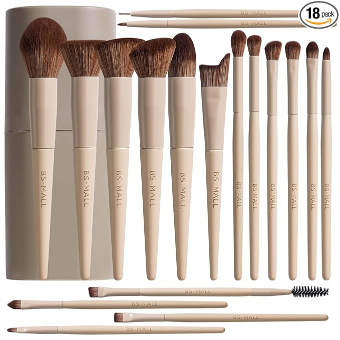 BS-MALL Professional Makeup Brush Set 18 Pcs Premium Synthetic Foundation Powder Concealers Eye Shadows Blush Makeup Brushes with Travel Case (Matte white beige)