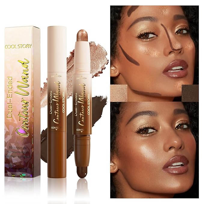 Dual-Ended Contour & Highlight Stick Cream Waterproof Contour Stick, Buildable Formula for Natural Definition and Sculpting, Flawless Cheeks/Jawlines/Nose Contours, creat your better face (Deep Rich)