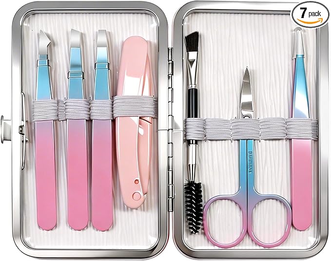 Eyebrow Tweezers Set with Travel Case - 7 Pcs Professional Eyebrow Grooming Kit Stainless Steel Slant and Pointed Tweezer Kit for Women Facial Hair, Ingrown Hair and Daily Grooming