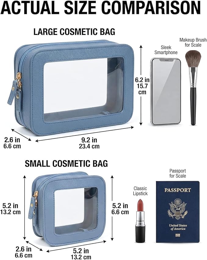LETGO Clear Makeup Bag Organizer Set, Travel Toiletry Bag for Women, Waterproof Cosmetic Pouch with Zippers, Car Accessories Organizers and Storage Case (2Pack-Standard&Square, Blue)
