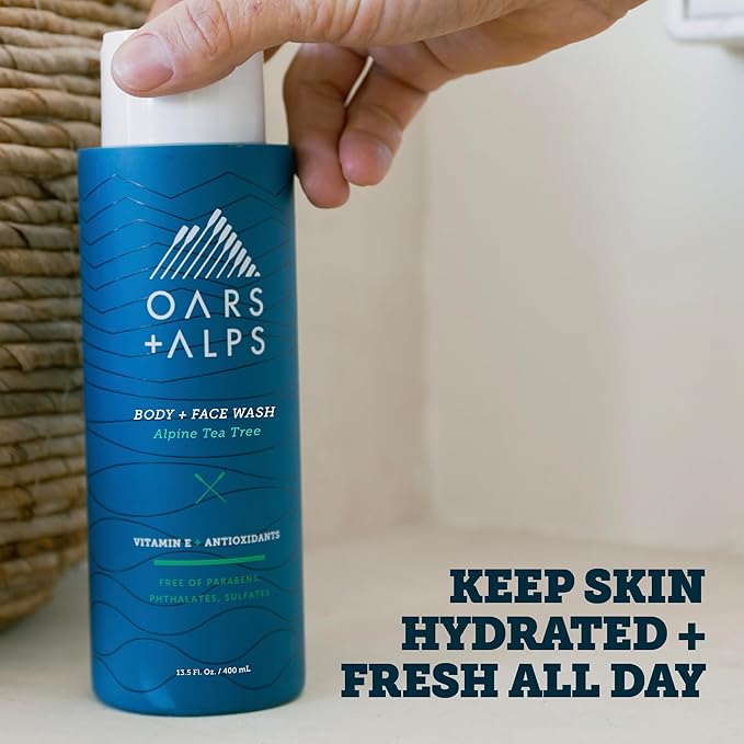 Oars + Alps Body Wash for Men, Mens Body Wash & Face Cleanser with Vitamin E & Antioxidants, Moisturizing, Paraben & Sulfate Free Cleanser, Alpine Tea Tree, 2pk