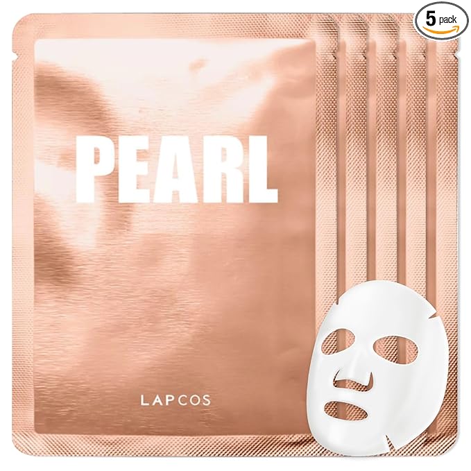 LAPCOS Pearl Sheet Mask - Revitalizing & Refining Face Masks with Rice Ferment - Refines Uneven Texture & Dark Spots - Highly Breathable Eucalyptus-derived Tencel Sheet - Korean Skin Care (Pack of 5)