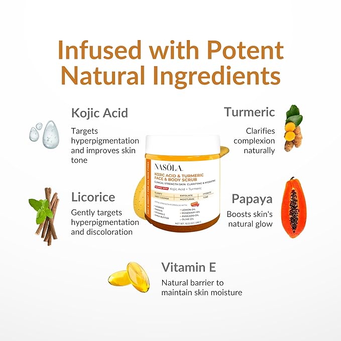 Nasola Kojic Acid Turmeric Face and Body Scrub - Moisturizing & Exfoliating Sugar Scrub with Shea Butter & Oils For All Skin Types - Removes Dead Skin for Hydrated Feel, Great Gifts For Women & Men