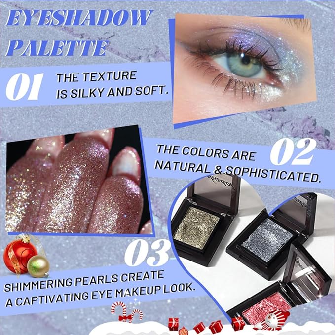 Pressed Single Eyeshadow Makeup,Ice Blue Sparkle Highly Pigmented Monochrome Eye Shadow Palette, Waterproof Neutral Powder, sombras para ojos, Lightweight Blendable, #07 Ice Blue