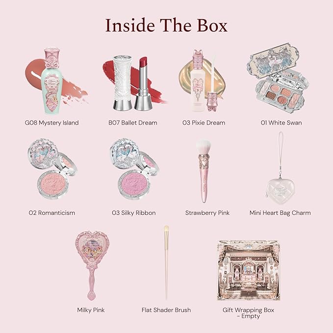 Flower Knows Swan Serenade 11-Piece Makeup Gift Box Set,Includes Makeup Palette,Blush,Highlighter,Lip Gloss,Hand Mirror,Bag Charm,Brush*2,Gift Box,Perfect Anniversary Valentine,Make Up Gift