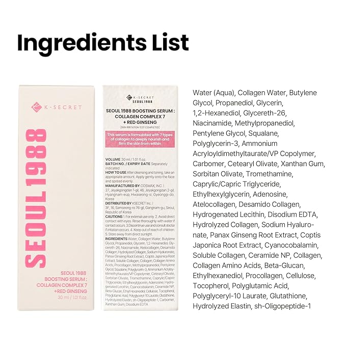 K-SECRET SEOUL 1988 Collagen Boosting Serum – Formulated with 7-Type Collagen Complex and Red Ginseng | for Deeply Hydrated, Radiant Skin | Korean Skincare, 30ml / 1.01 fl oz