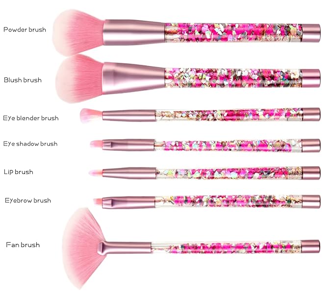 Sparkle Pink Makeup Brushes Set,Unicorn Glitter 7pc Foundation Blush Lip Nose Eyeshadow Eyebrow Loose Powder Fan Make Up Brushes Kit with Liquid for Kids Girls Teen Women Gift Present