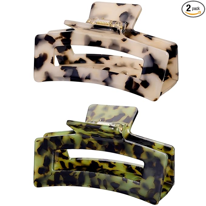 Cellulose Acetate Hair Claw Clips, Rectangle Tortoise Shell Celluloid Strong Hold Clips for Thin Thick Hair, Barrette Jaw Clamp Styling Accessories for Women Ladies Mother (2 Pack)