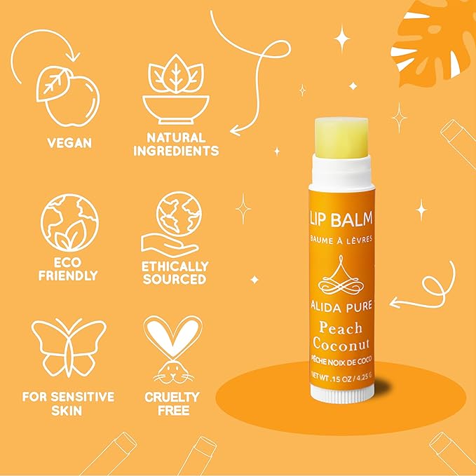 Peach Coconut Lip Balm Collection, Vegan Set, Beeswax Free, with Organic Jojoba and Avocado Oil, Vitamin E, Natural Moisturizer for Dry, Chapped Lips, 3 Tube Set