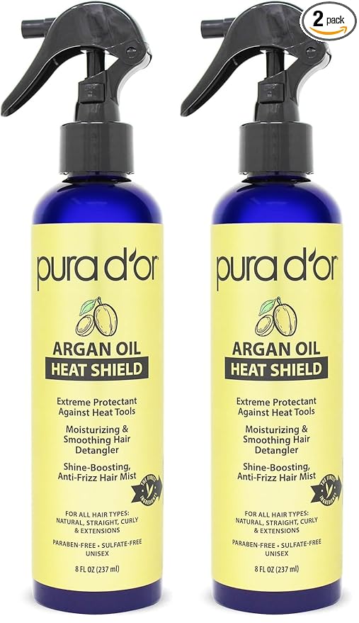 PURA D'OR 8 Oz Argan Oil Heat Shield Protectant Spray with Select Organic Ingredients,Protects Up To 450º F From Flat Iron & Hot Blow Dry,Leave-In,Define & Shine Dry-& Damaged Hair,(Pack of 2)