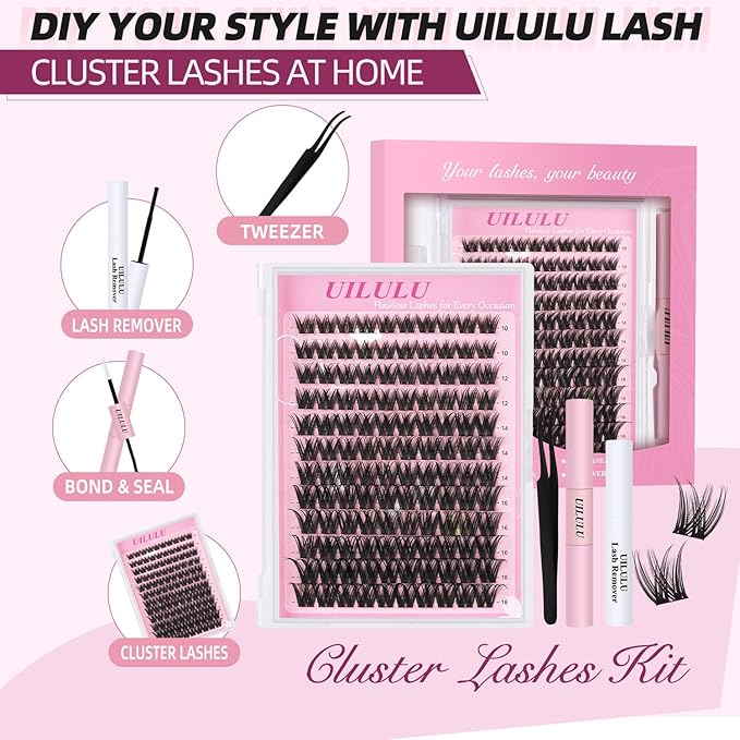 Wispy Lash Clusters Kit 10-18mm Mix D Curl Eye Lashes Wispy Lash Cluster False Eyelash Clusters DIY Lash Extension Kit with Lash Bond & Seal, Lash Glue Remover, Lash Tweezers(U13 Lash Kits)