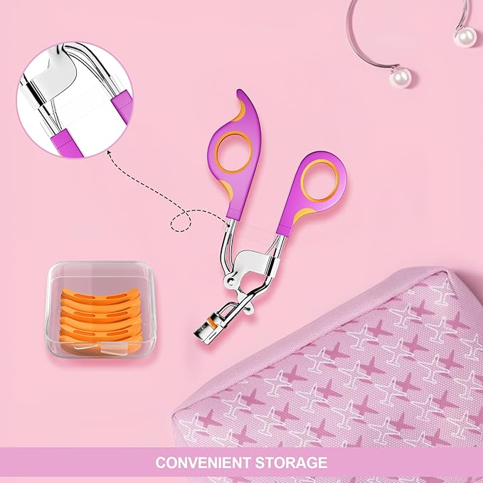 Eye Lash Curler with 6 Extra Replacement Pads, Whalrce Great Curling Effect Premium Lash Curler, Comfortable to Grip -Orange Purple Silver