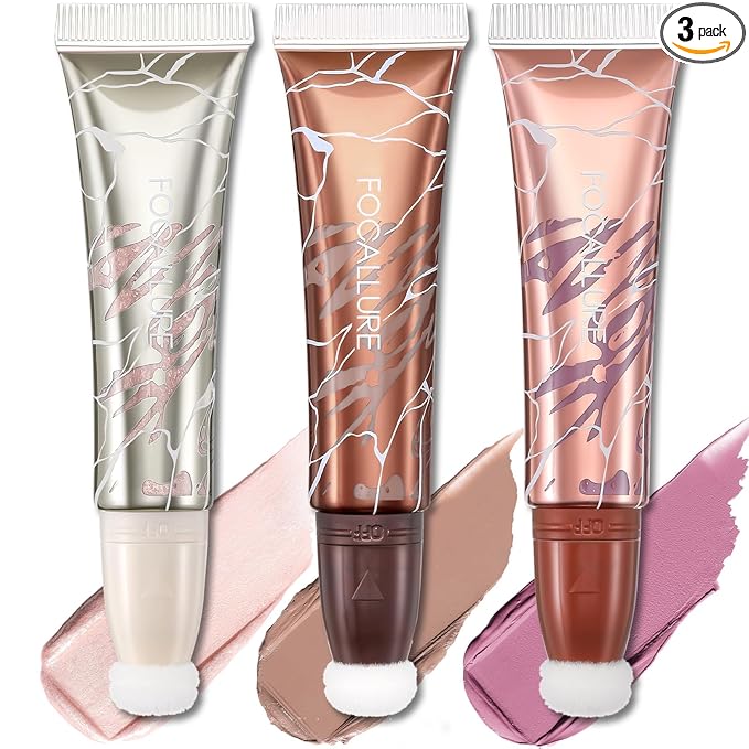 FOCALLURE Liquid Contour Stick 3-Piece Set - Cream Highlighter, Blush & Bronzer with cushion applicator, Moisturizing, Blendable, Long-Lasting for Face Sculpting & Illuminating,SE03 Morning Whispers