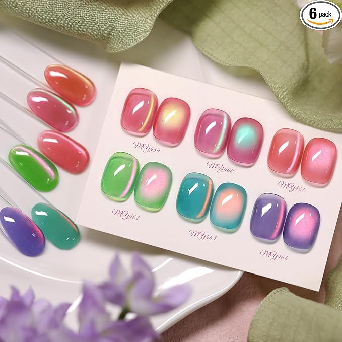 Born Pretty Spring Cat Magnetic Eye Gel Polish Set,6 Colors Pink Green Purple Crystal Jelly Shimmer Holographic Spring Summer Gel Nail Polish Kit with Magnet,DIY Manicure at Home