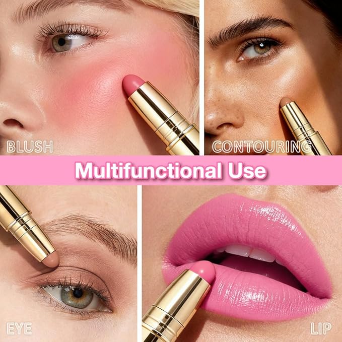 evpct 3Pcs 2In1 Blush Contour Multiuse Makeup Sticks Set, Pink Rose Berry Tan & Nude Brown Creamy Butter Blush Bronzer Contour Multiuse Stick for Cheeks Lips Eyes Faces, Mloisturing Radiant Finish