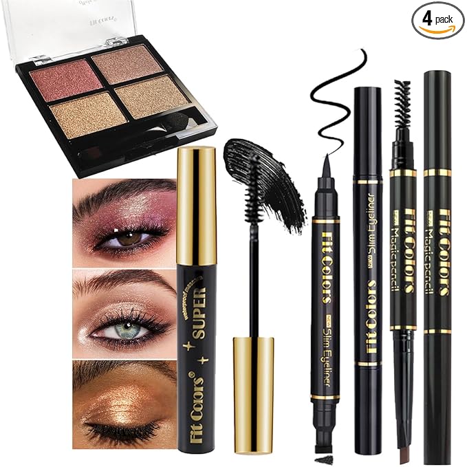 4-in-1 Eye Makeup Kit 4 Colors Eyeshadow Palette Black Liqiud Eyeliner with Stamp and Double-headed Brown Eyebrow Pencil Set for Women Beginners Gift (03)