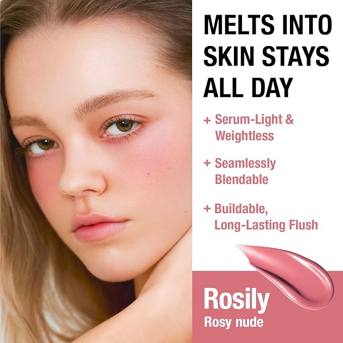 DEAR DAHLIA Petal Drop Liquid Blush (Rosily) - US Exclusive Color, Natural Dewy Glow Serum Blush, Buildable & Blendable, Sheer Watercolor Finish, Vegan Korean Makeup for Cheeks, 0.14 oz