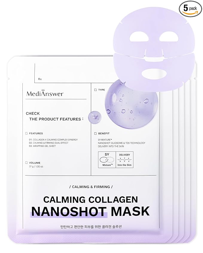 Calming Collagen Nanoshot Mask - Korean Hydrogel Face Sheet Masks with Calming Cica & Azulene, 100Da Nano Collagen + 5 Ceramides, Cooling Soothing Barrier Care for Sensitive Skin, 5 Sheets