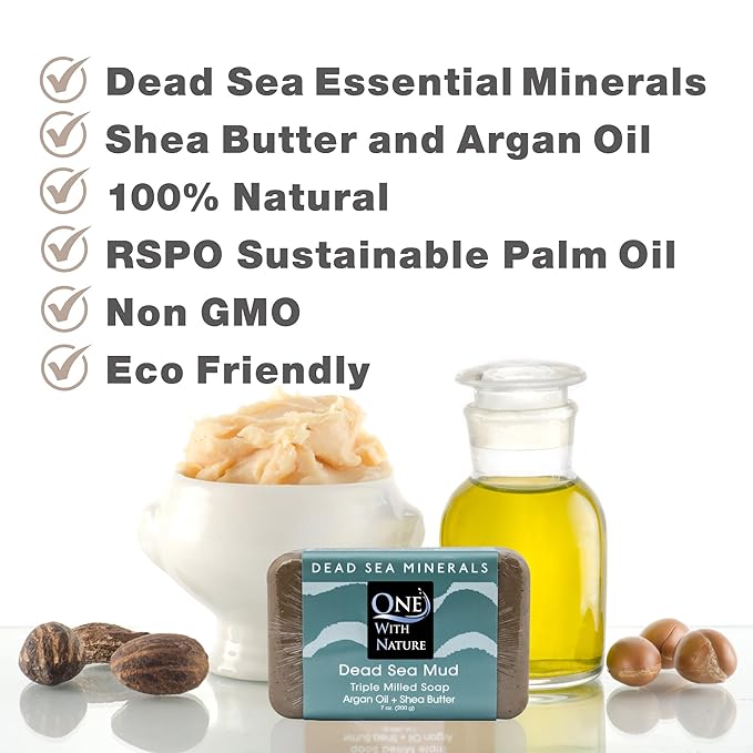 One With Nature Dead Sea Soap 7oz Variety 3Pk-Dead Sea Mud, Activated Charcoal, and Dead Sea Salt-Detoxifying and Exfoliating Soap Bars with Dead Sea Salt for Face & Body, for Men & Women