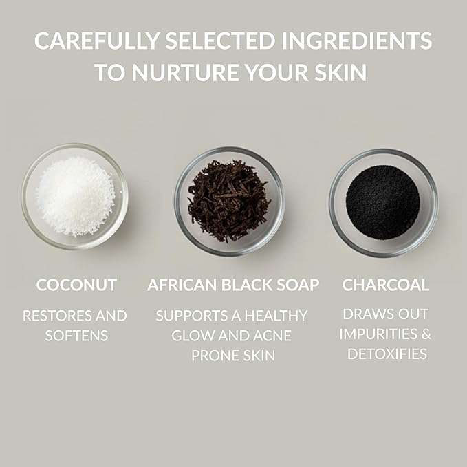 SpaScriptions Exfoliating African Black Soap Body Wash - 33 oz Charcoal & Coconut Scented Body Scrub with Coffee & Walnut Shell Exfoliants, Gentle Cleansing Body Wash for All Skin Types, Paraben Free