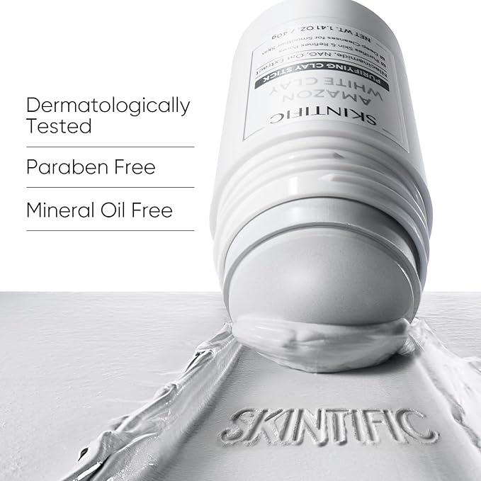 SKINTIFIC Amazonian White Clay Purifying Stick, Deep Clean Pores Mud Mask with Volcanic Soil, Pore Minimizer, Gentle Exfoliating, Refines Pores, Smoothing Skin, Non-Drying, Skincare Facial Mask