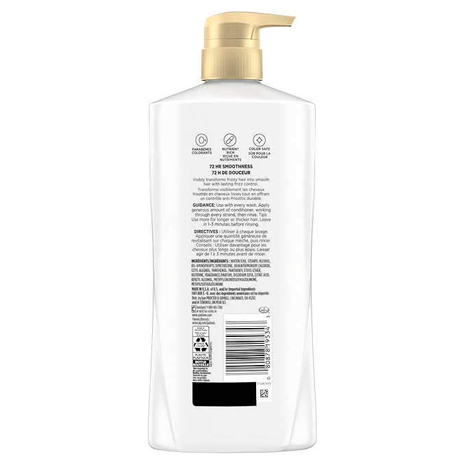 Pantene Conditioner, Smooth and Sleek - Frizz Control with Antioxidants, 72 Hour Smoothness, Nourishing for All Hair Types - Curly, Dry, Color-Treated, Paraben Free, 25.1 Fl Oz