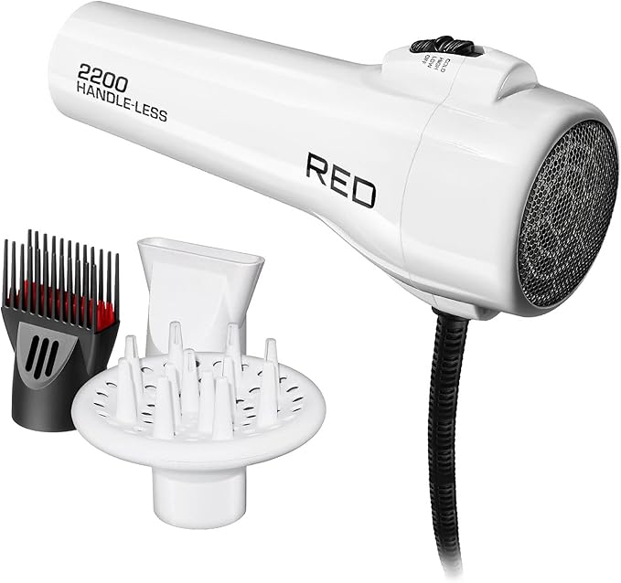 Red by Kiss Handle-Less Ceramic Tourmaline Hair Dryer, 1875W Ergonomic Grip, White, Includes 3 Attachments, For Detangling, Straightening, and Frizz-Free Shine