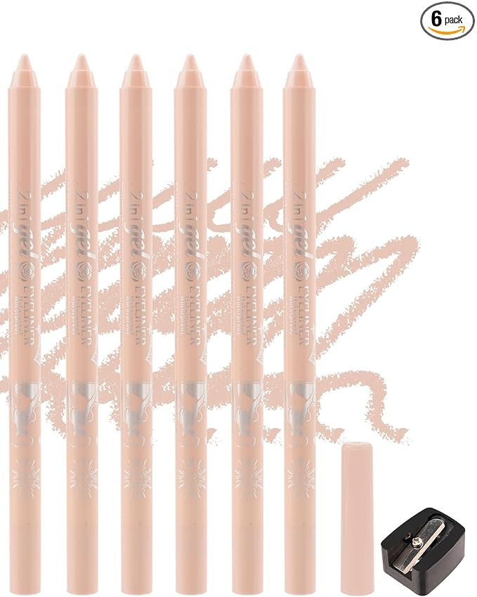 6Pcs Nude Waterline Gel Eyeliner Pencil, Peach Eyeliner Waterline Waterproof Smudge-Proof, Long Stay Eye Liner Brightener Pen with Sharpener, Safe for Sensitive Eyes, Soft Cream Colored Eye Makeup Pen