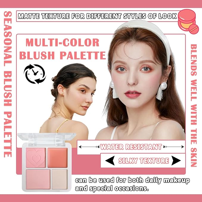 3Pcs 4 Colors Blush Palette for Cheeks with Make Up Brush, Face Matte Contour Blush Makeup Palette, Buildable Shimmer Facial Cheek Blusher Shades, Blendable Cosmetic Makeup Blush