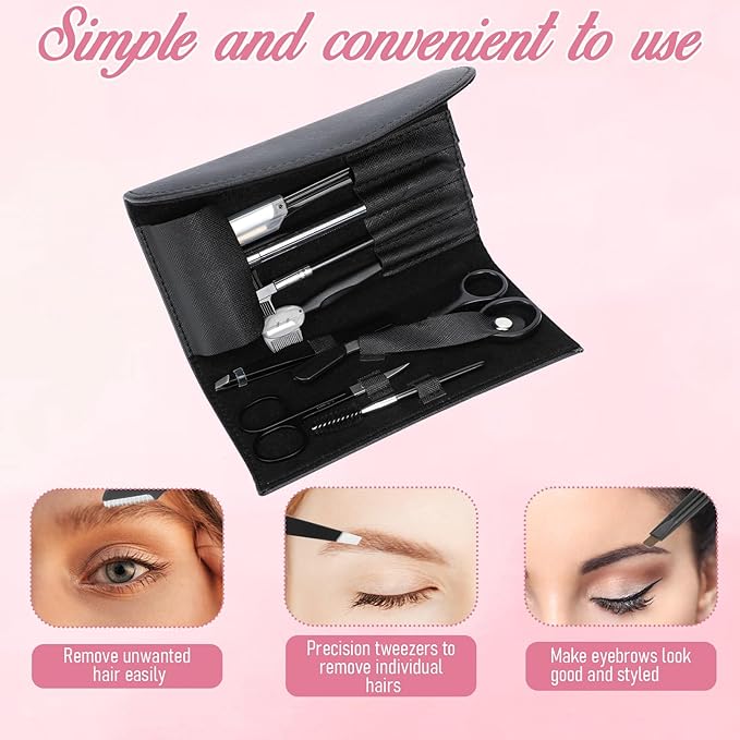 Eyebrow Shaping Grooming Kit Eyebrow Trimming Kit with Razor Eyebrows Scissors Eyebrows Brush for Women & Men (Black, 8Pcs/Set)