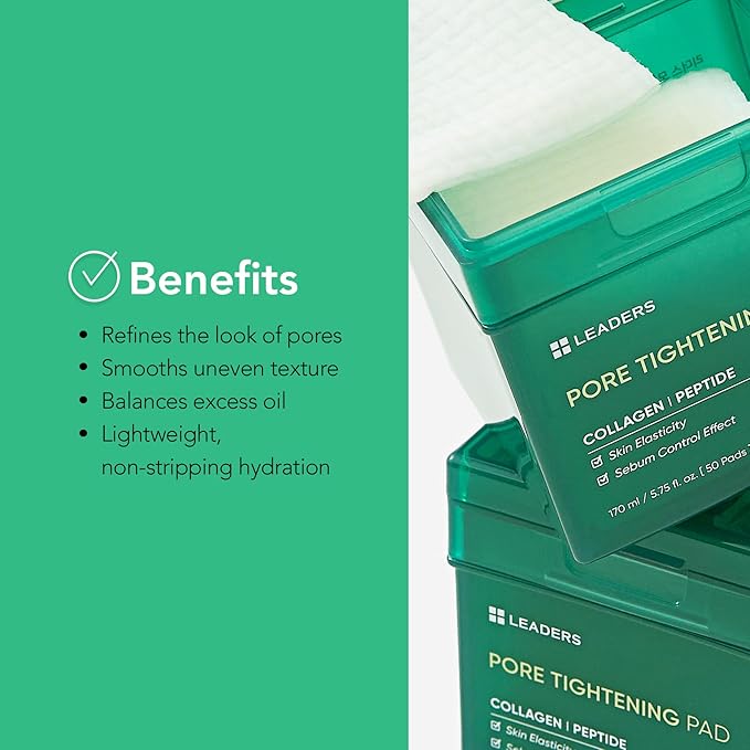 LEADERS Pore Tightening Toner Pad - Triple-Action Pore Improvement Skin Elasticity| Vegan-Certified | Clinically Proven Efficacy | Korean Skincare 50 Pads x 170ml