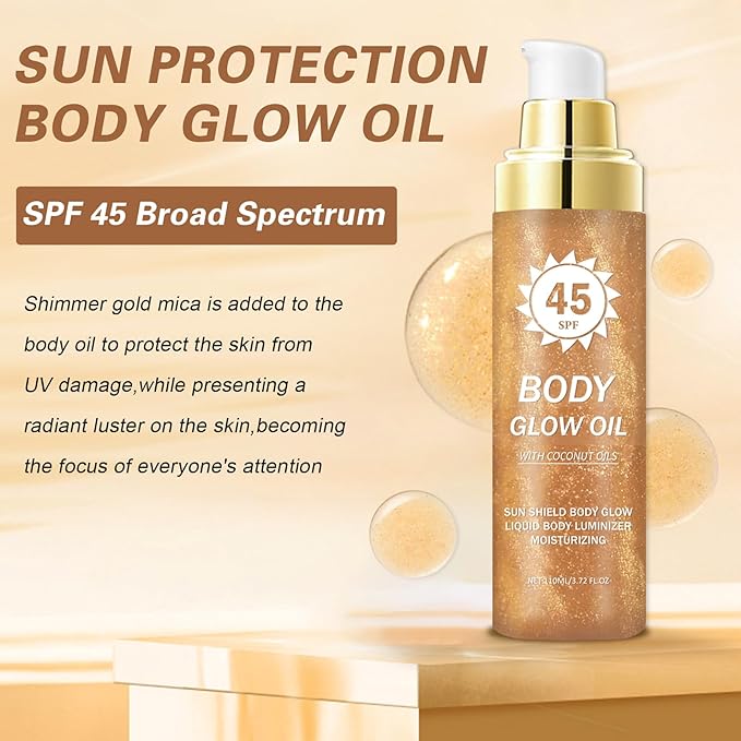 Glitter Sunscreen Oil with Coconut,SPF 45 Broad Spectrum,Body Shimmer Oil with Gold Mica,Lightweight Non-Sticky,Water Resistant,Glowing Results,3.72 fl oz,AMBER