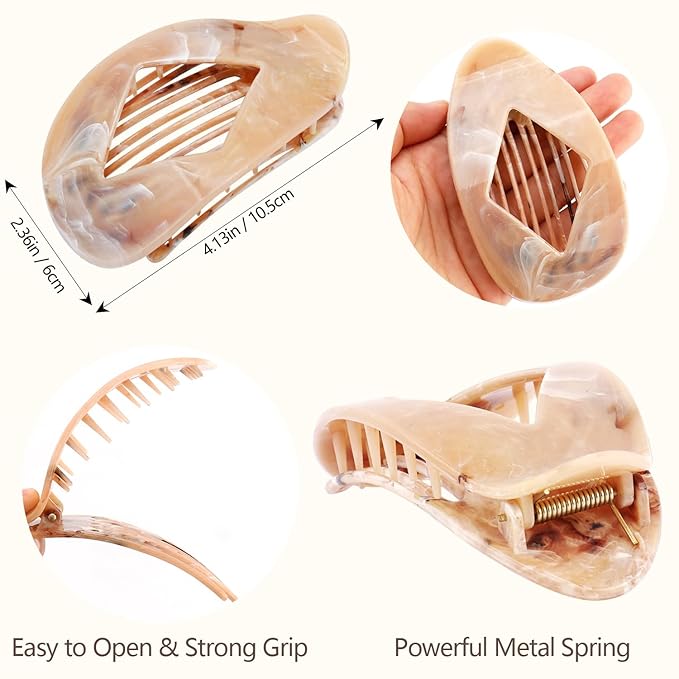 Atoden Marble Flat Round Hair Clips Duckbill Large Claw Clips for Thick Medium Thin Hair 6Pcs Non Slip Oval French Barrettes Accessories for Women Girls
