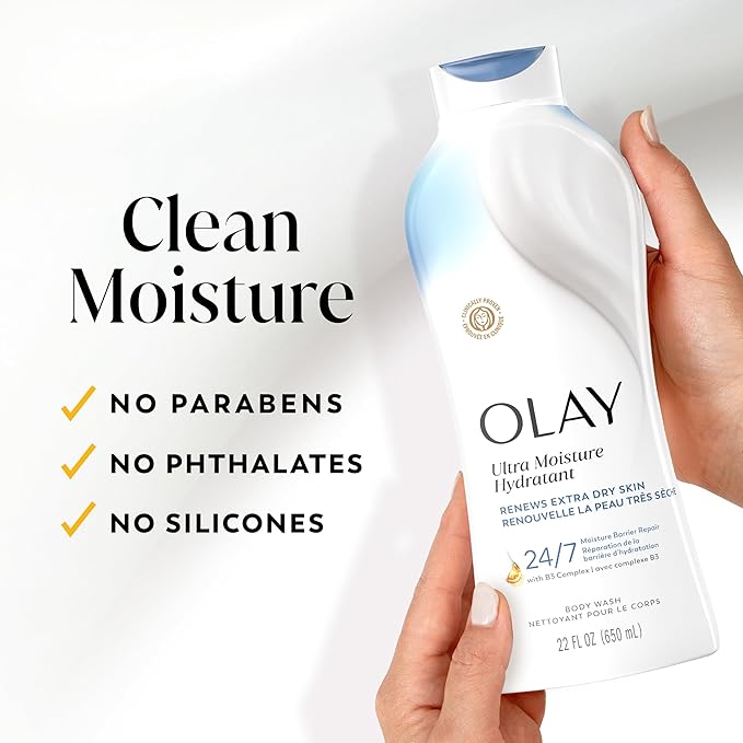 Olay Body Wash for Women, Ultra Moisture, For Extra Dry Skin, 24hr Moisturizing, Hydrating & Refreshing, B3 Vitamin Complex, Free of Parabens & Phthalates, Scented, 22 fl oz