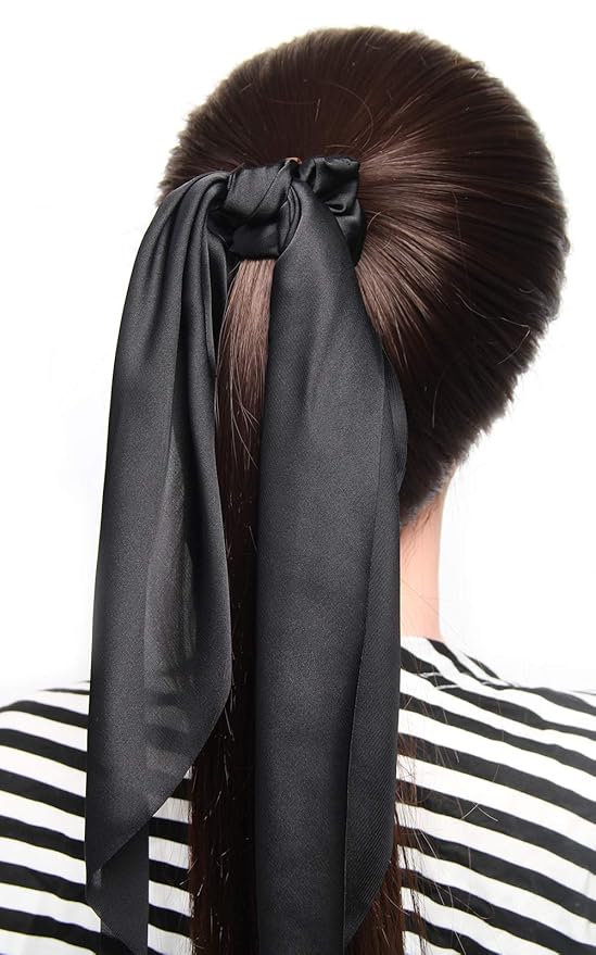 Pack of 2 Knotted Bow Hair Scrunchies Elastic Hair Scarf Black Hair Ties Bands Satin Hair Ribbon Scrunchy Red Ponytail Holder for Women and Girls (Black)