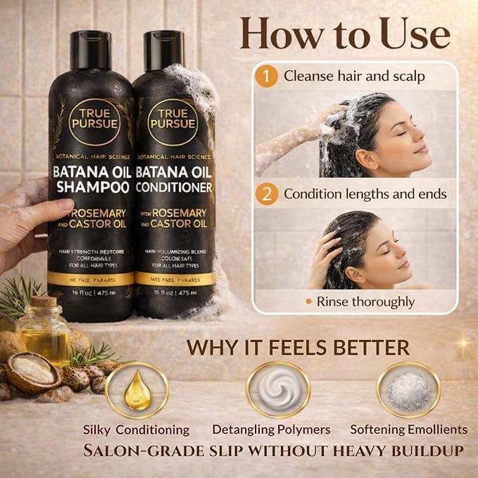 Batana Oil Shampoo and Conditioner Set for Men & Women with Rosemary & Castor Oil – Hair Growth Support & Sulfate-Free Hair Strengthening for Dry Damaged & Thinning Hair – 16 fl oz Each TRUÉ PURSUÉ