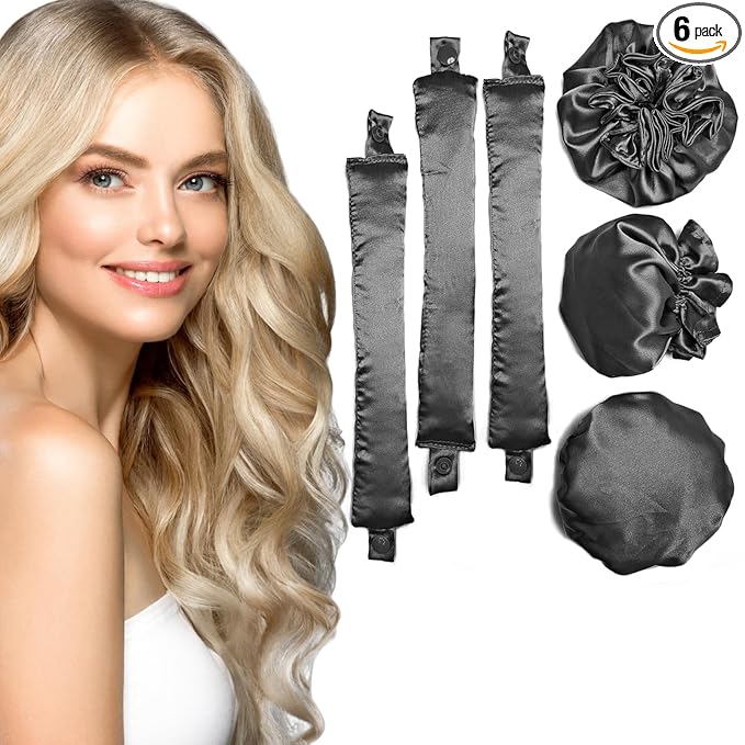 3Sets/6PCS Ariuvor New Satin Heatless Hair Curler,Hair Rollers for Heatless Curls with Hair Caps,Soft Heatless Curling Rod Headband for Long Hair,No Heat Curling to Sleep in Overnight(black)