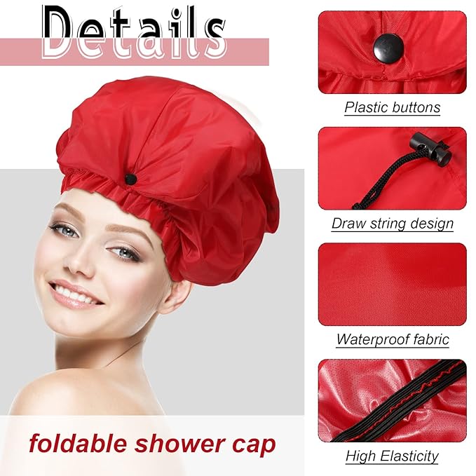 Eurzom 4 Pcs Large Shower Cap for Braids Extra Long Shower Cap for Women Long Hair Locs Foldable Waterproof Reusable XL Hair Bonnets for Dreadlocks Drawstring Bath Caps(Red, Blue, Black, Gray)