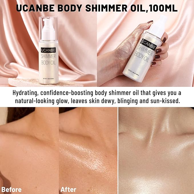 UCANBE Body Shimmer Oil 100ml, Moisturizing Face Body Glow Glitter Oil, Waterproof Shimmering Luminizer Liquid Illuminator Highlighter, Tinted Shimmer Lotion Glowing Bronzer Makeup(Silver)