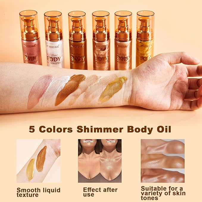 PHOERA Body Shimmer Oil, Bronzer Body Glow Highlighter Luminizer,Illuminator with Makup Bursh,Self Tanning Lotion,1oz/Jars (105#Diamond Platinum)