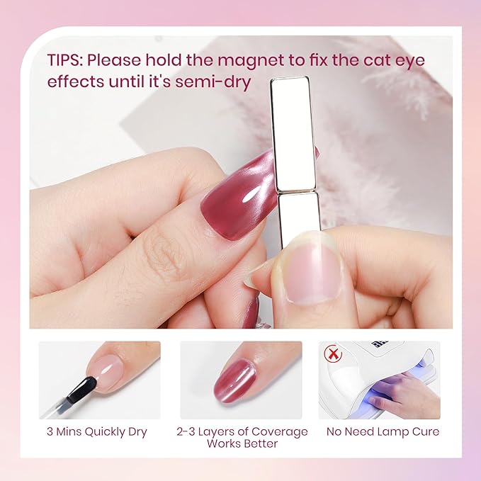 Cat Eye Nail Polish Non Gel, Quick Dry Magnetic Nail Polish Set with Magnet, Candy Cateye Nail Lacquer High Glossy DIY Salon Gift for Women Girl