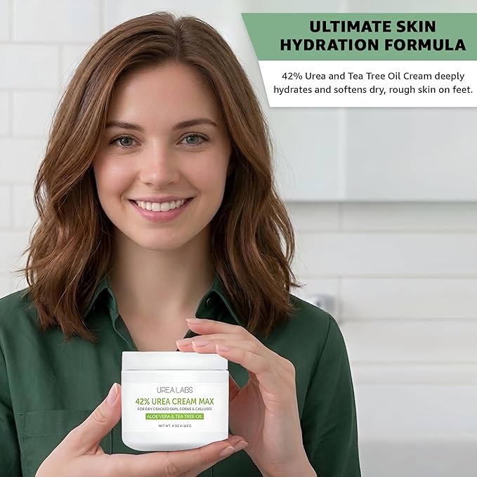 42% Urea Cream MAX with Tea Tree Oil & Aloe Vera - Maximum Strength Formula for Cracked Heels, Thick Calluses & Dry Rough Skin - Fast Absorbing Moisturizer for Feet, Heels, & Dry Cracked Skin - 4oz