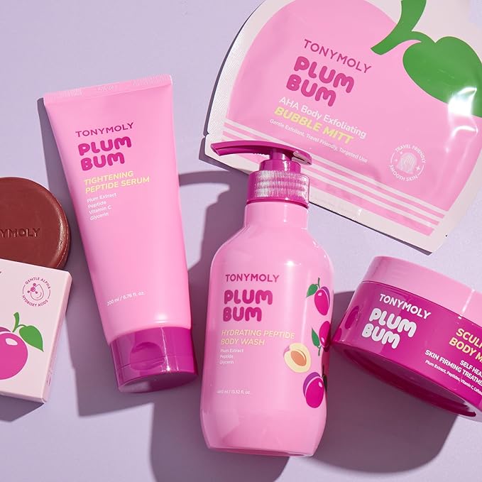 TONYMOLY Plum Bum AHA Exfoliating Bubble Mitt Single-Use Korean Body Scrub with Glycolic Acid, Peptides & Plum Extract for Smoother, Brighter, Refreshed Skin 1.2 oz