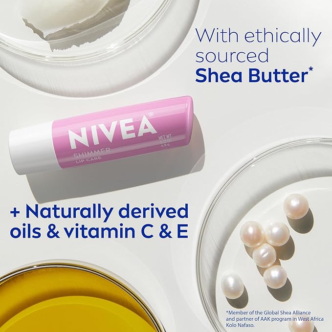 NIVEA Shimmer Lip Care, Shimmery Lip Balm Pack with Shea Butter, Nourishing Oils and Vitamin C & E, 3-in-1 Moisture, Repair and Shimmer, 0.17 Oz Stick, Pack of 48