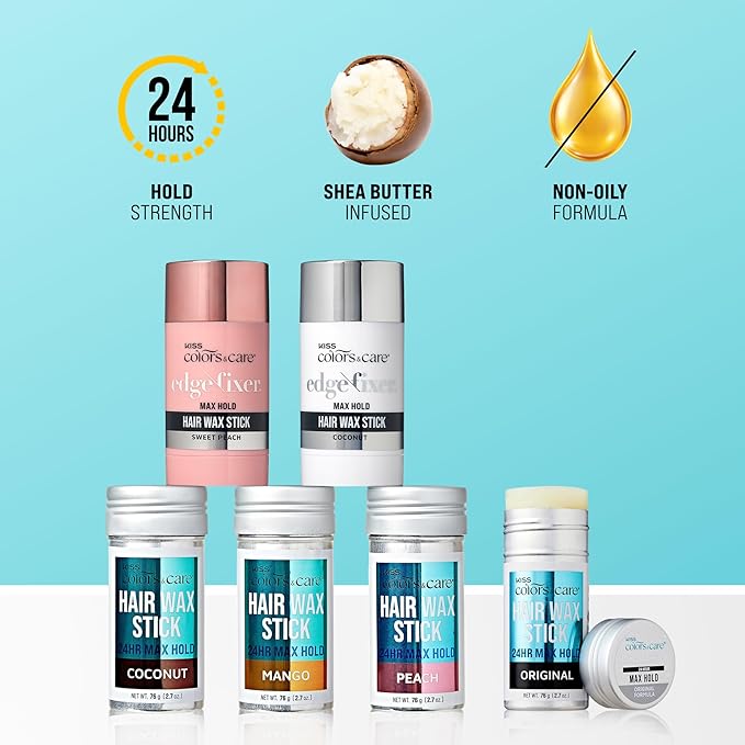 KISS COLORS & CARE 24 Hour Maximum Hold Edge Fixer Hair Wax Styling Stick, Non-Oily, Flake-Free, Biotin B7, Castor Oil, & Shea Butter Infused, Net Wt, 76g (2.7 oz.) - Coconut Scent